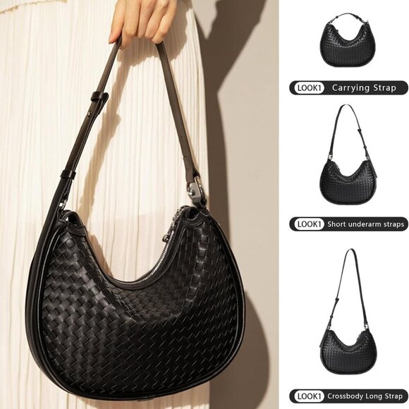 Crescent Shoulder Bag for Women, Woven Crossbody Bag, Small Clutch Purse, Hobo T - Picture 7 of 9